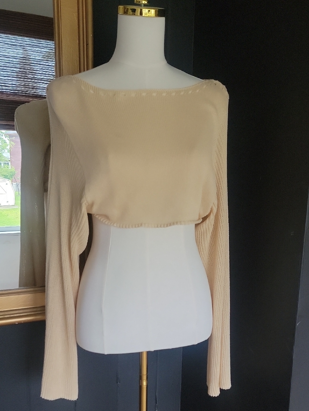 Cream Ribbed Cropped Boatneck Sweater